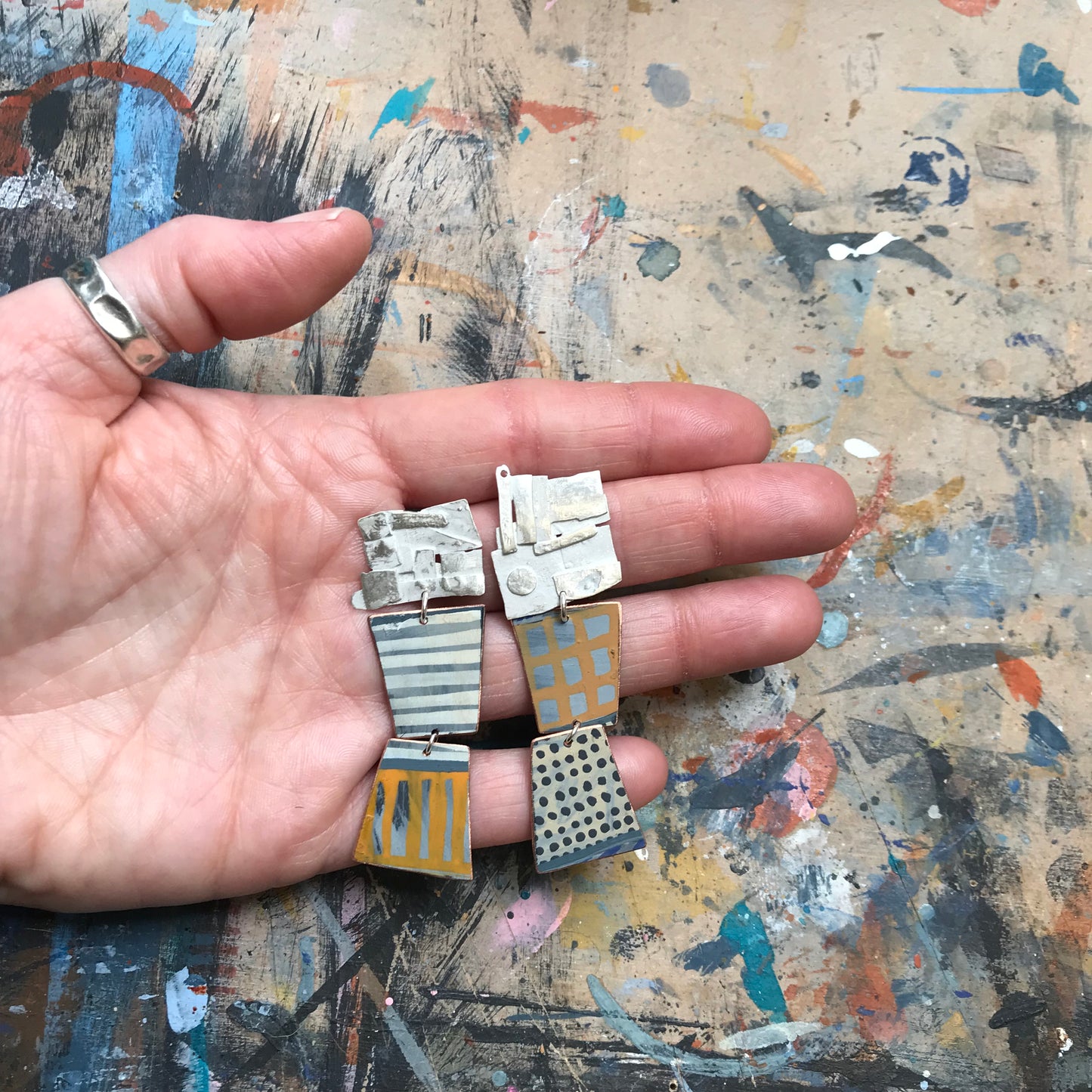 the artists muse ON THE CUSP earrings with abstract collage & yellow grid