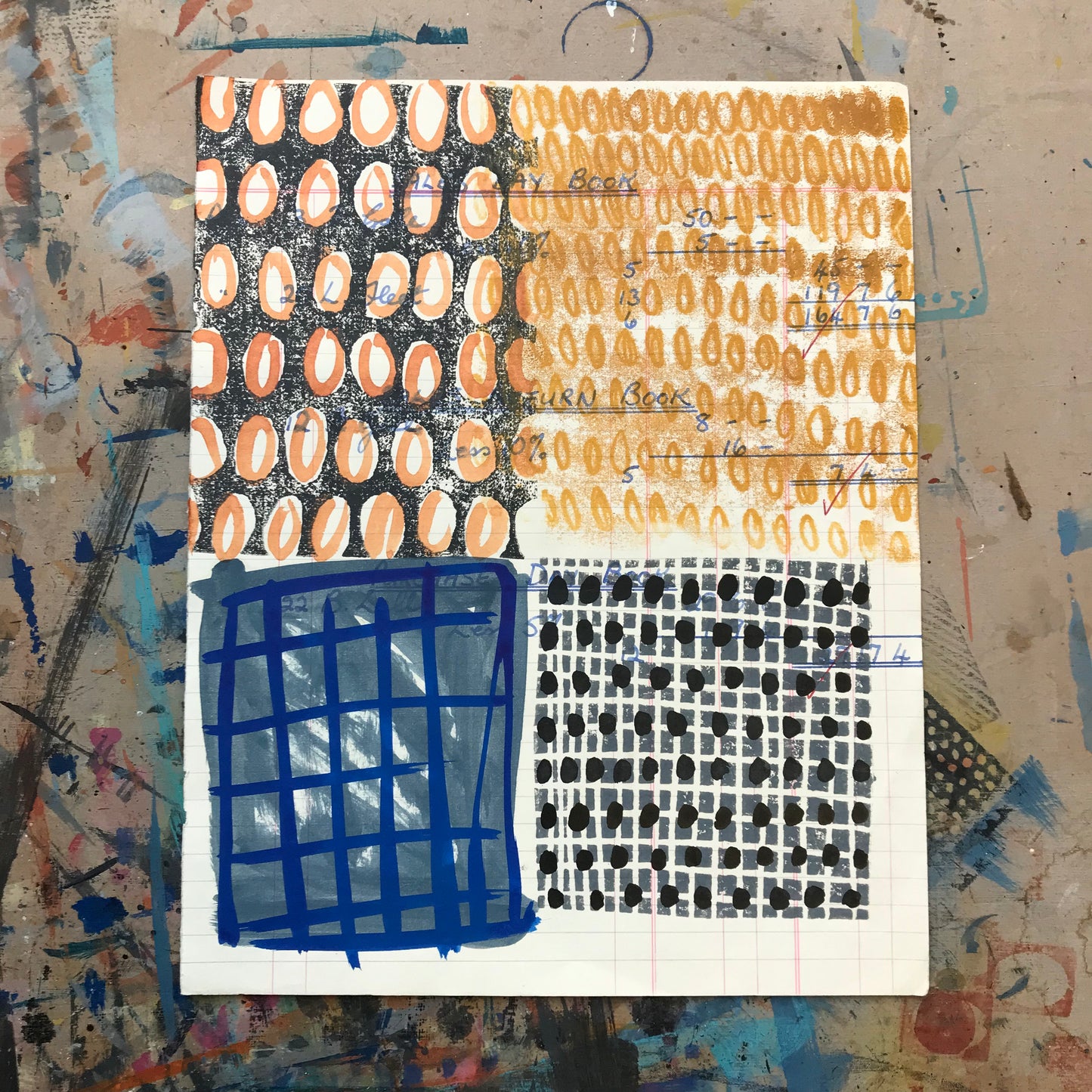 Finished, mixed media on salvaged notebook page