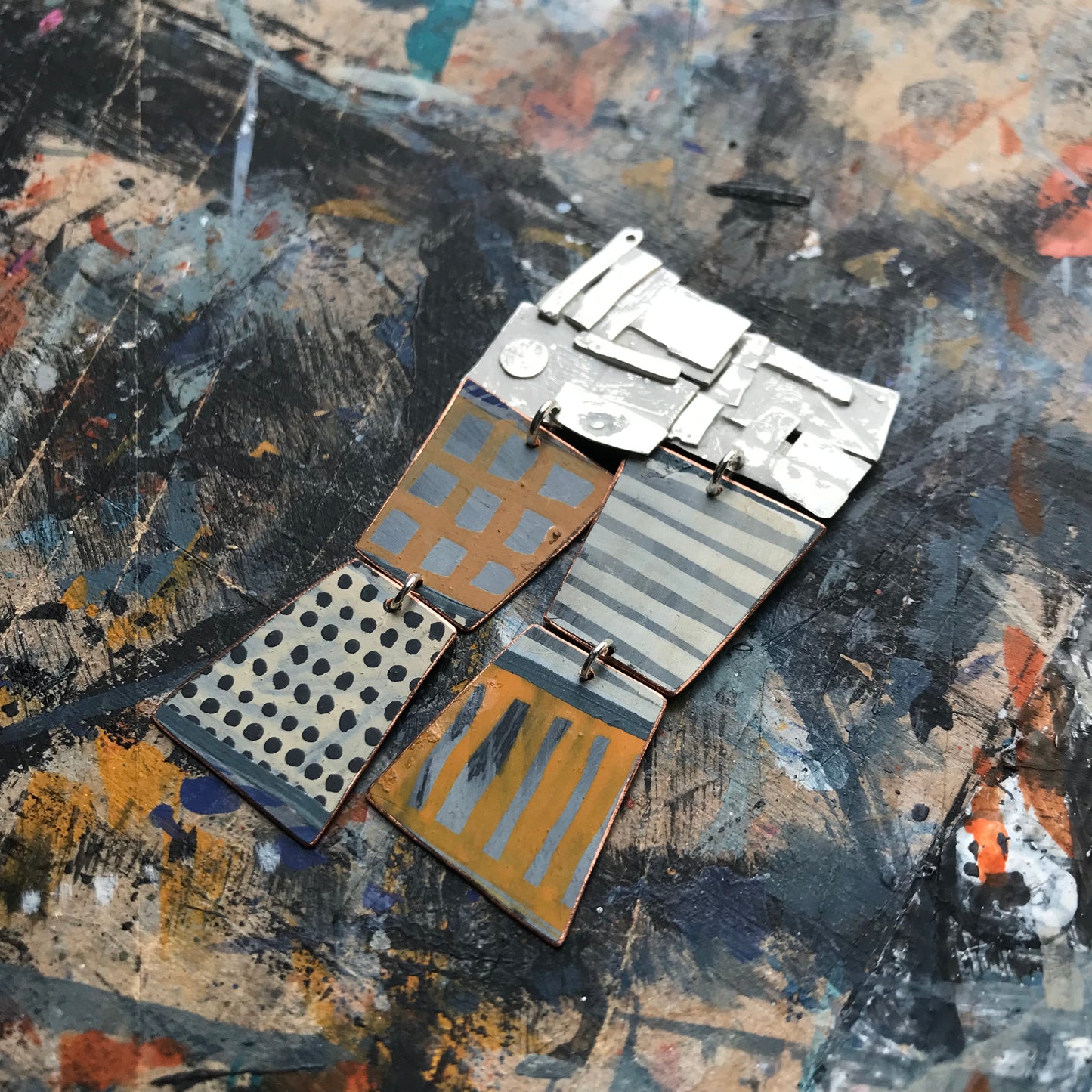 the artists muse ON THE CUSP earrings with abstract collage & yellow grid