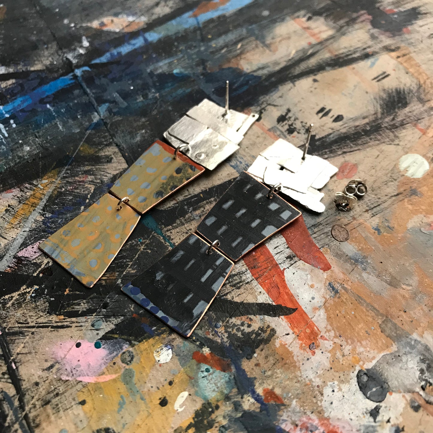 the artists muse ON THE CUSP earrings with abstract collage & yellow grid