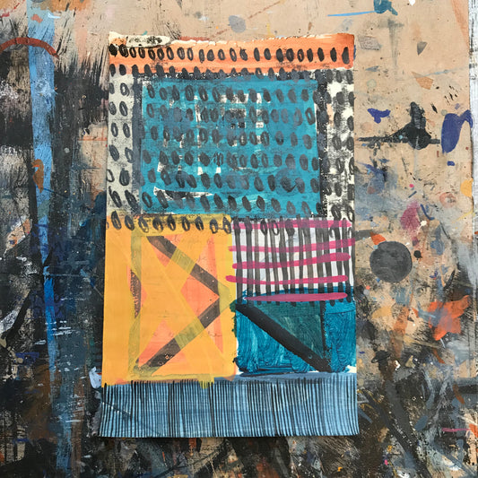 Impetus, mixed media on salvaged notebook page