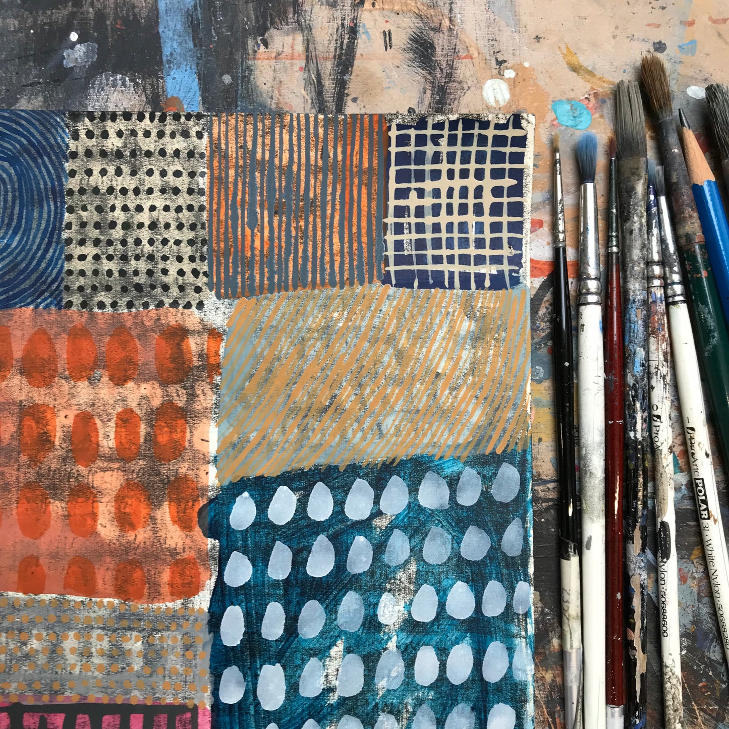 Dirge, mixed media on salvaged notebook page