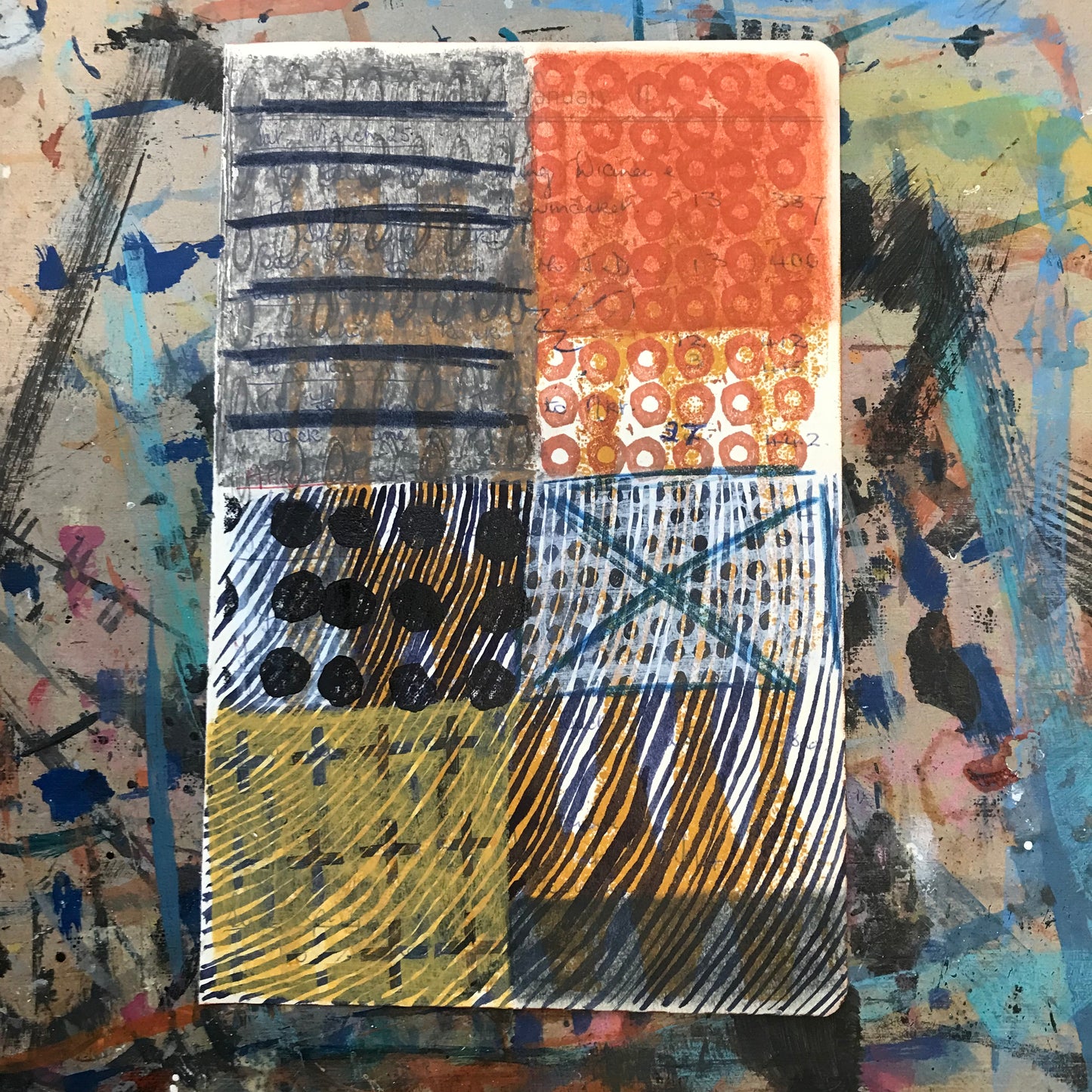 Openings and closings, mixed media on salvaged notebook page