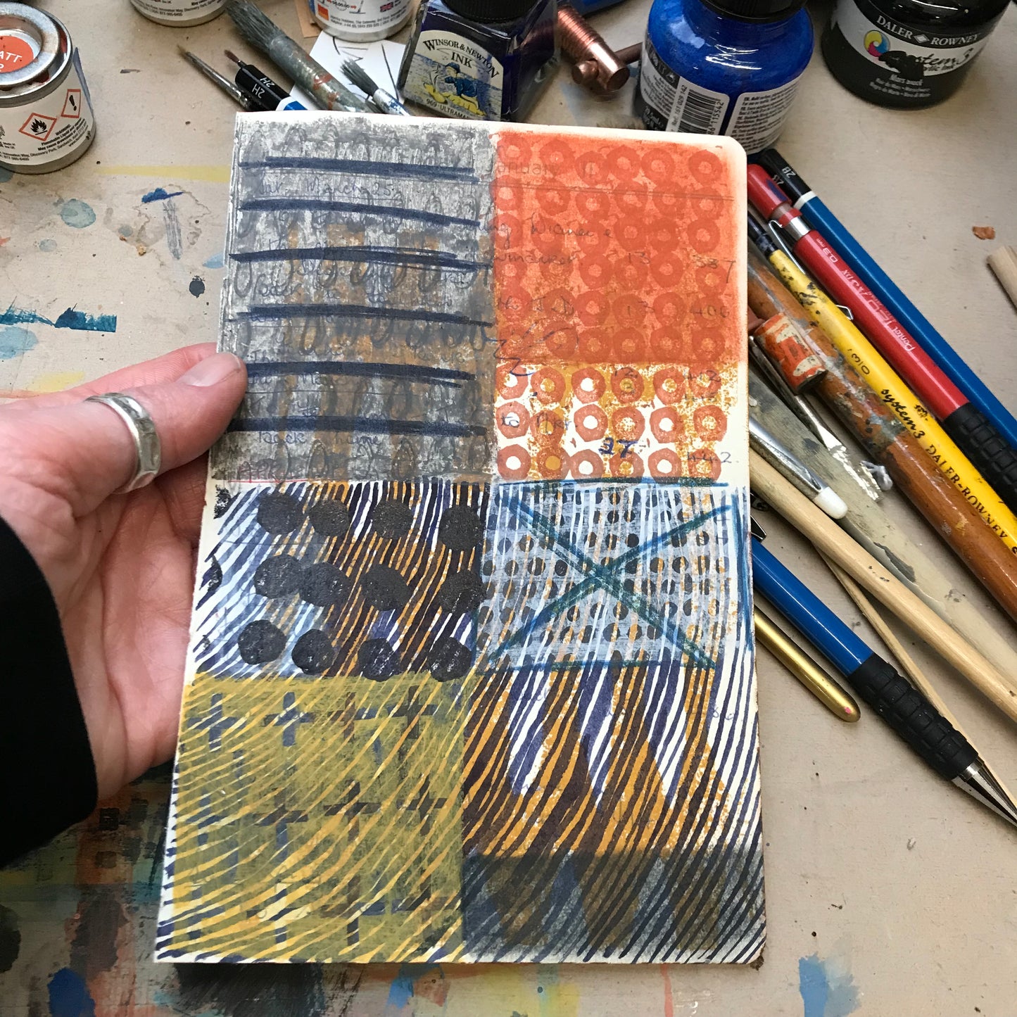 Openings and closings, mixed media on salvaged notebook page