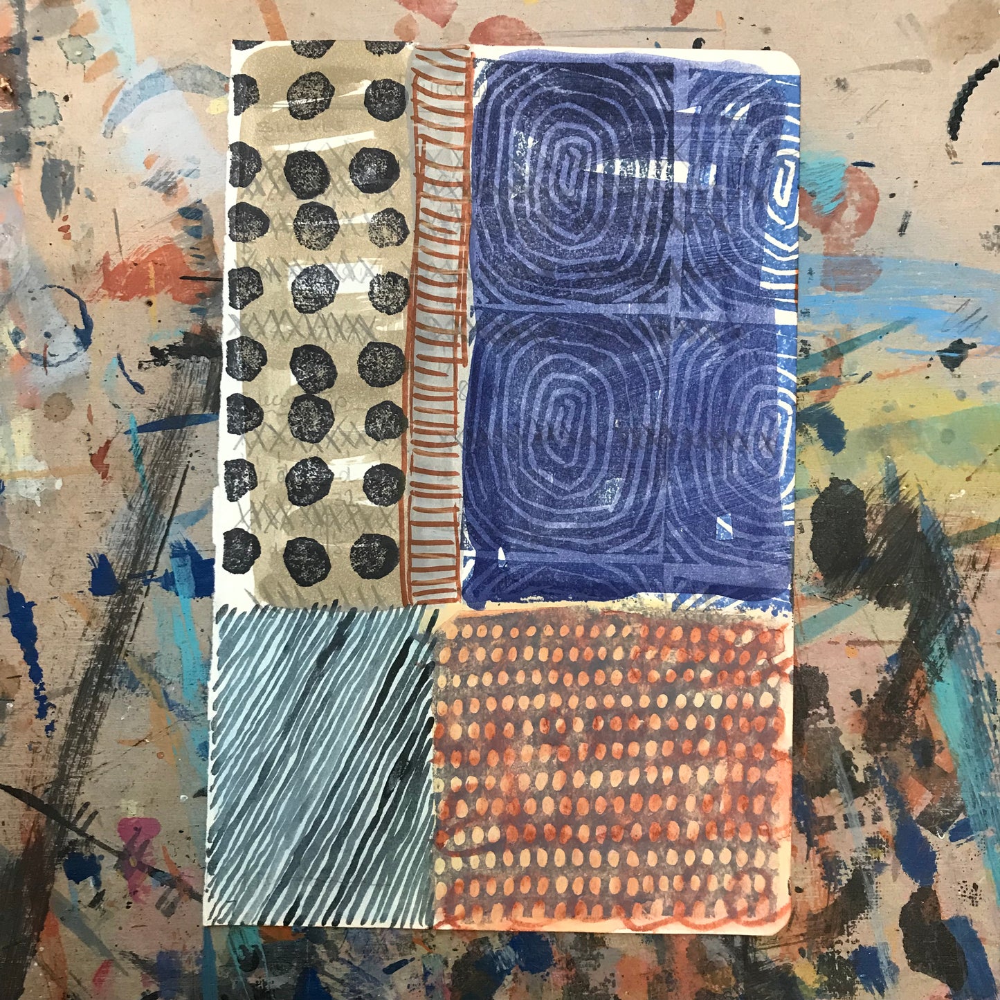 Point of peace, mixed media on salvaged notebook page