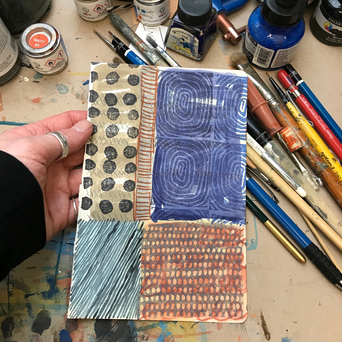 Point of peace, mixed media on salvaged notebook page