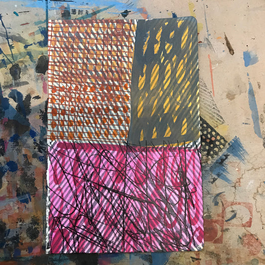 Quiet intention, mixed media on salvaged notebook page