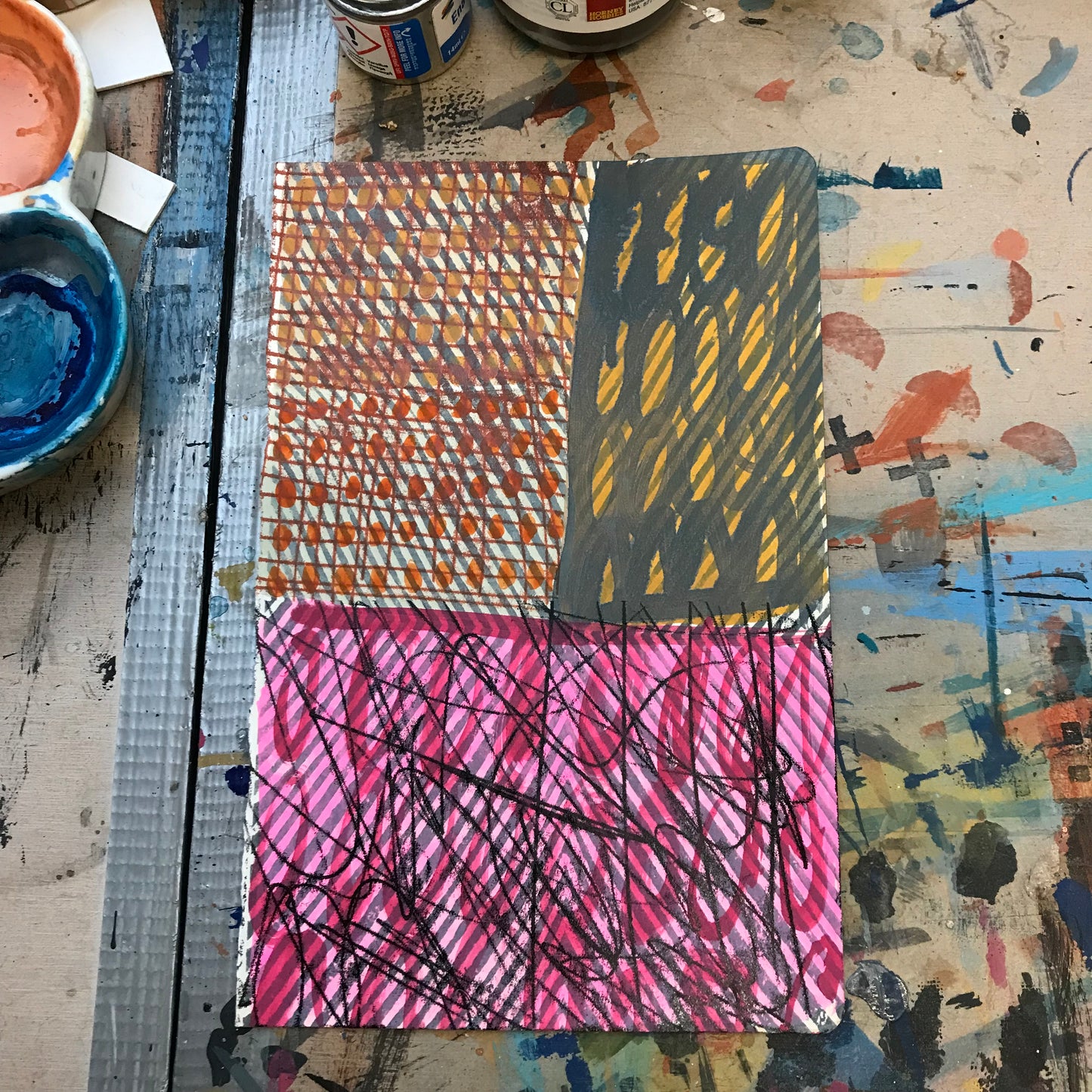 Quiet intention, mixed media on salvaged notebook page