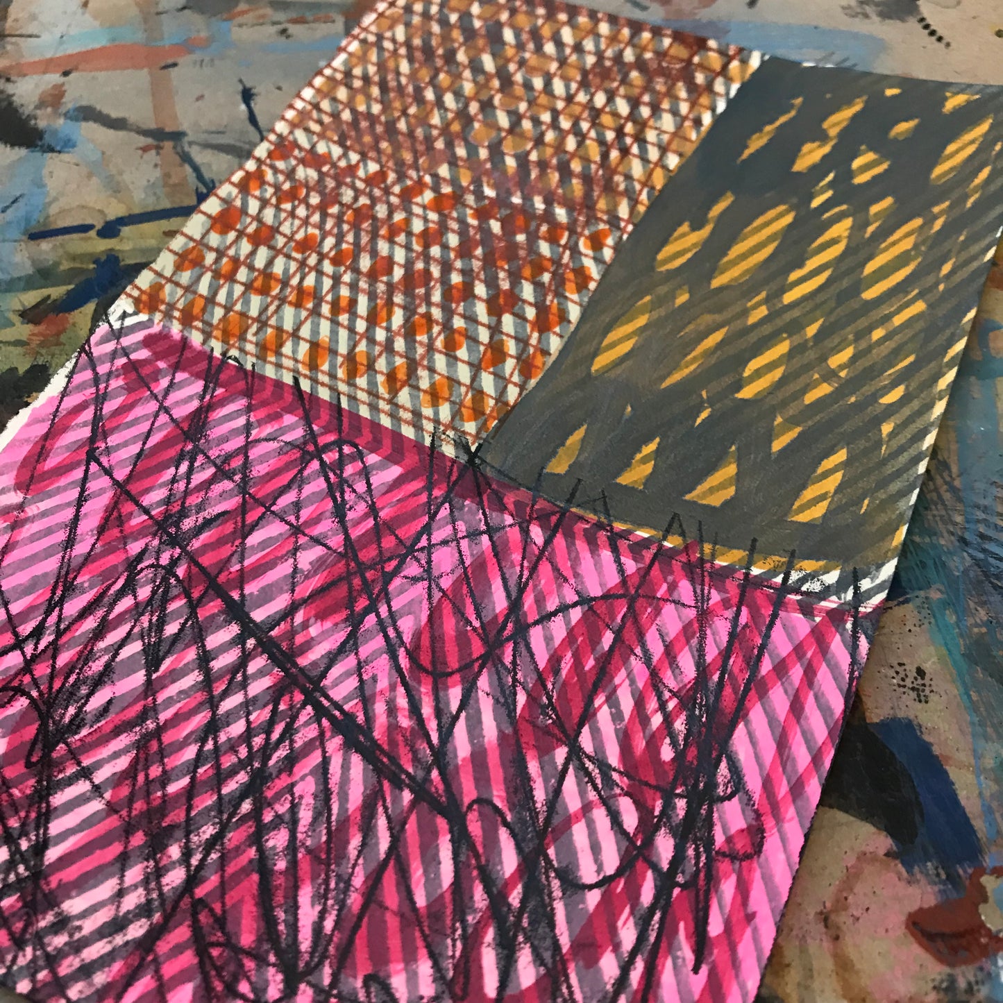 Quiet intention, mixed media on salvaged notebook page